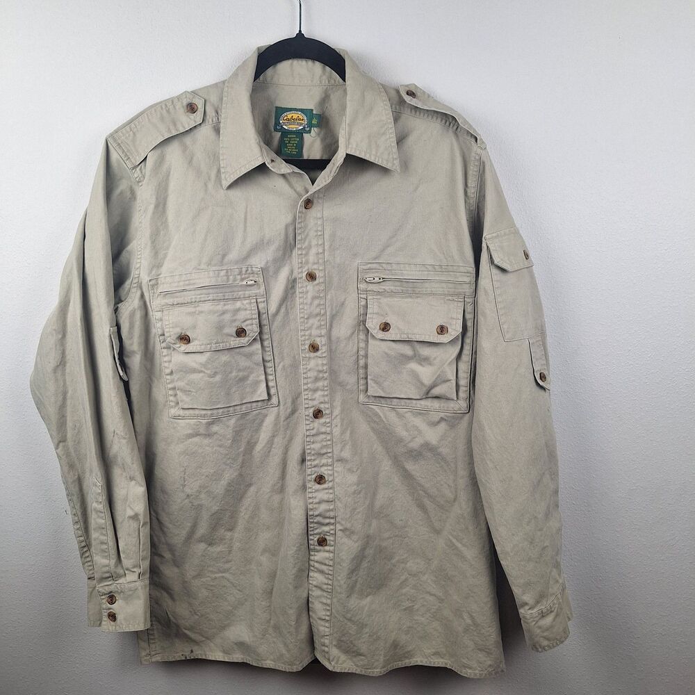 Cabelas Tan Button Up Shirt Camping Hunting Outdoor Fishing Mens Large